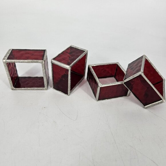 Ruby Red Stained Glass Napkin Rings Set of 4 Leaded Handmade Textured Square - Picture 4 of 10